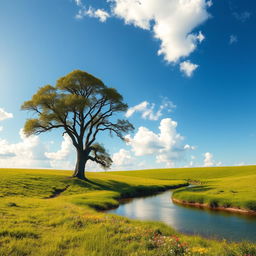 A serene landscape with lush green meadows and a clear blue sky, dotted with fluffy white clouds