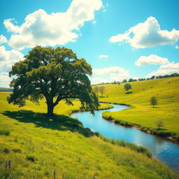 A serene landscape with lush green meadows and a clear blue sky, dotted with fluffy white clouds