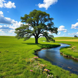 A serene landscape with lush green meadows and a clear blue sky, dotted with fluffy white clouds