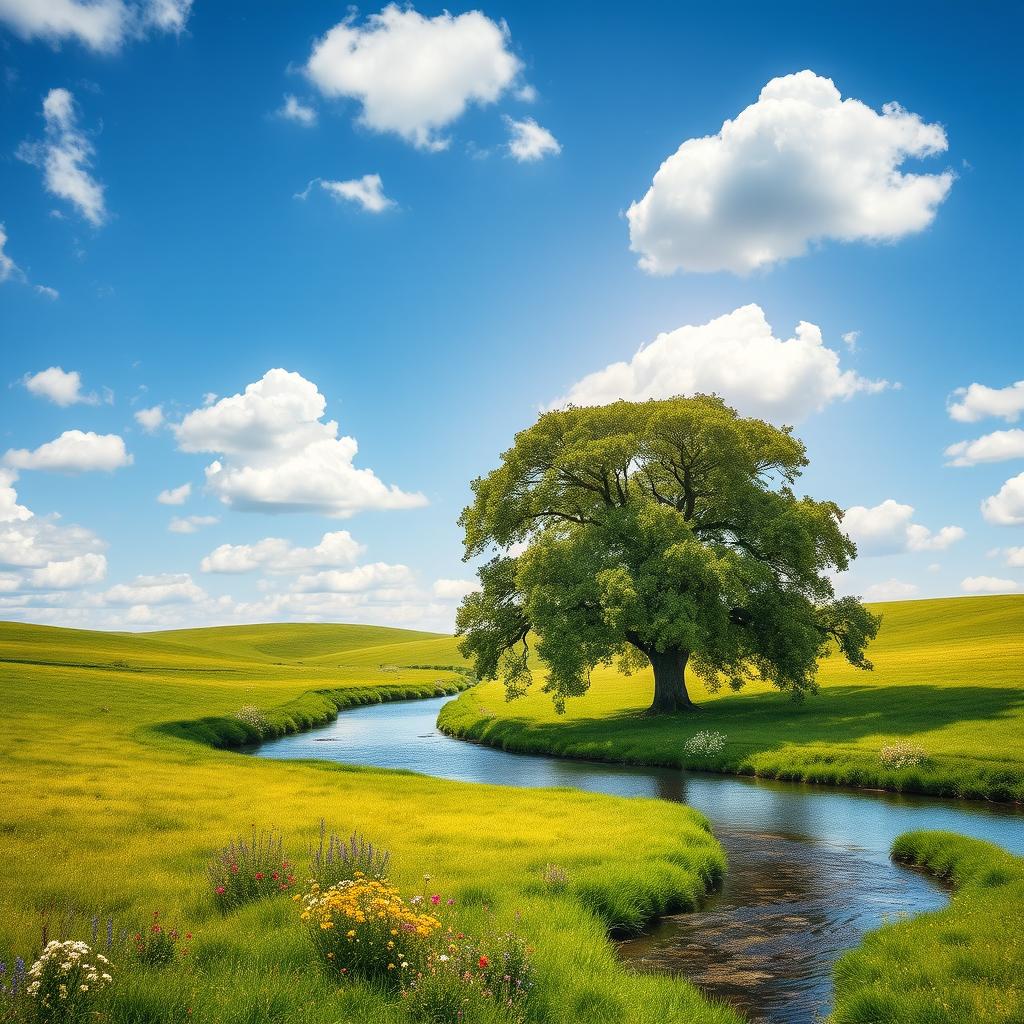 A serene landscape with lush green meadows and a clear blue sky, dotted with fluffy white clouds