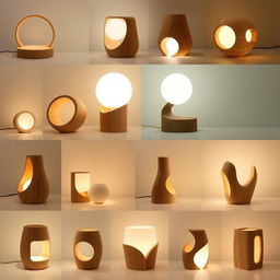 A collection of 20 unique and original wooden night lamp designs, focusing on simplicity and elegance