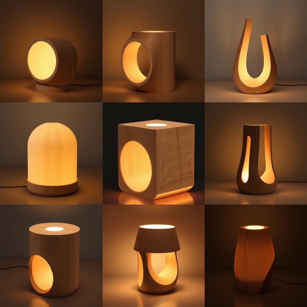 A collection of 20 unique and original wooden night lamp designs, focusing on simplicity and elegance