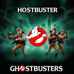 A classic movie poster for Ghostbusters, featuring the iconic team of ghost hunters in action poses