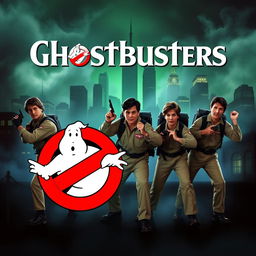 A classic movie poster for Ghostbusters, featuring the iconic team of ghost hunters in action poses