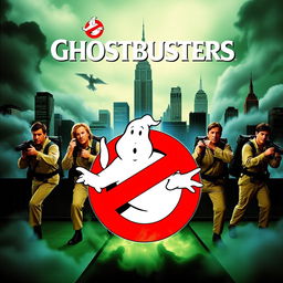 A classic movie poster for Ghostbusters, featuring the iconic team of ghost hunters in action poses