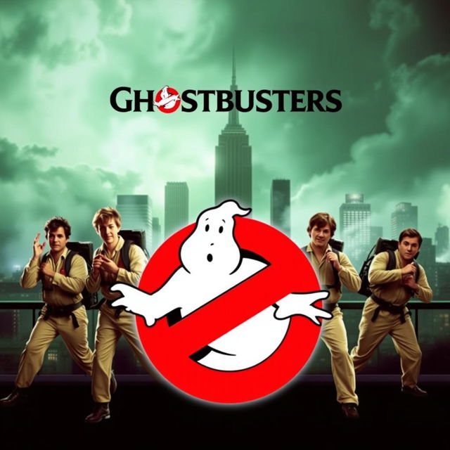 A classic movie poster for Ghostbusters, featuring the iconic team of ghost hunters in action poses