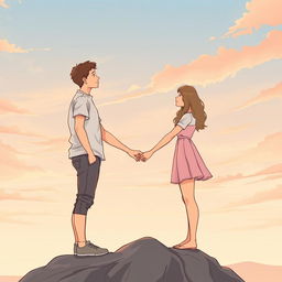 A young man and woman standing sideways facing each other, gazing into each other's eyes, apart but holding hands