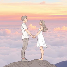 A young man and woman standing sideways facing each other, gazing into each other's eyes, apart but holding hands