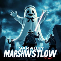 An exciting horror movie poster featuring a colossal marshmallow sailor ghost towering over a cityscape