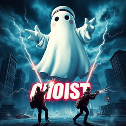 An exciting horror movie poster featuring a colossal marshmallow sailor ghost towering over a cityscape