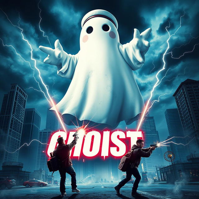 An exciting horror movie poster featuring a colossal marshmallow sailor ghost towering over a cityscape