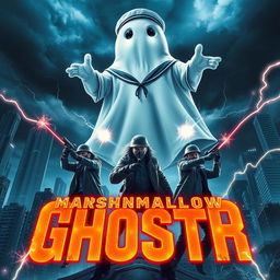 An exciting horror movie poster featuring a colossal marshmallow sailor ghost towering over a cityscape