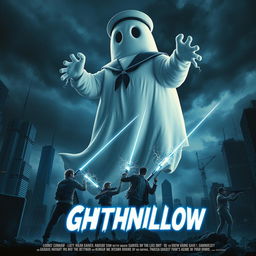 An exciting horror movie poster featuring a colossal marshmallow sailor ghost towering over a cityscape