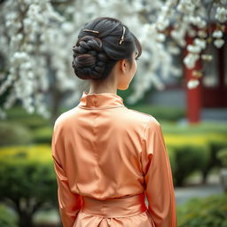 A captivating portrayal of an Asian woman's back view, highlighting her graceful posture and cultural charm