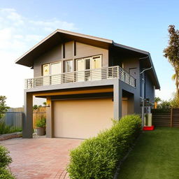 A picturesque two-storey house designed for a family of four, featuring cozy interiors, a spacious backyard playground, and an outdoor parking area.