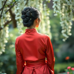 A captivating portrayal of an Asian woman's back view, highlighting her graceful posture and cultural charm