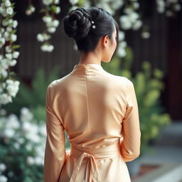 A captivating portrayal of an Asian woman's back view, highlighting her graceful posture and cultural charm