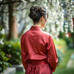 A captivating portrayal of an Asian woman's back view, highlighting her graceful posture and cultural charm