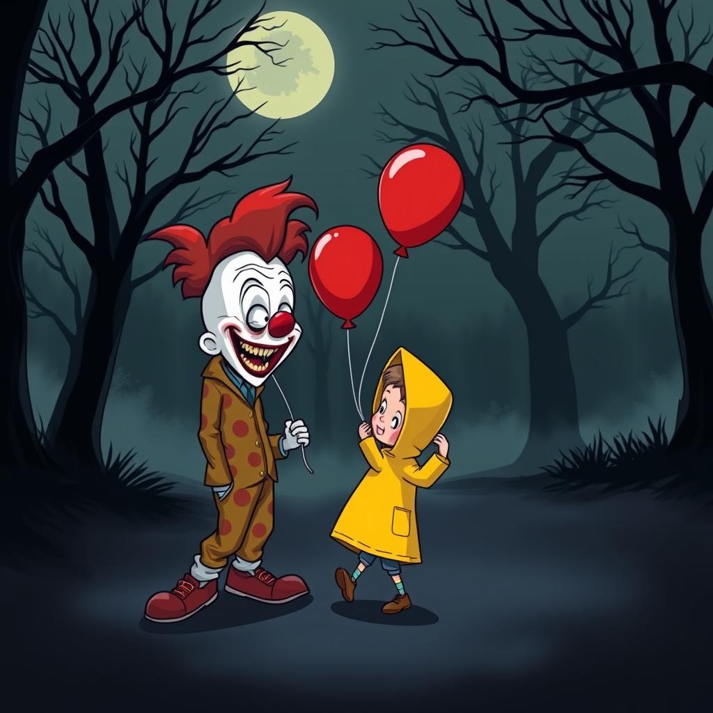 A spooky cartoon scene featuring a menacing clown with exaggerated features playing with a child in a yellow raincoat