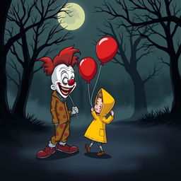 A spooky cartoon scene featuring a menacing clown with exaggerated features playing with a child in a yellow raincoat