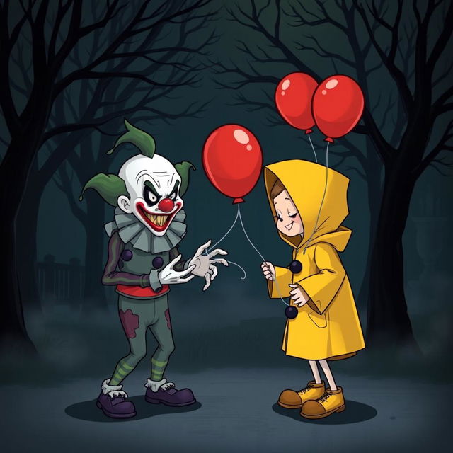 A spooky cartoon scene featuring a menacing clown with exaggerated features playing with a child in a yellow raincoat