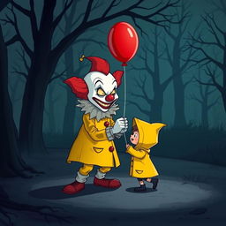 A spooky cartoon scene featuring a menacing clown with exaggerated features playing with a child in a yellow raincoat