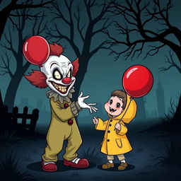 A spooky cartoon scene featuring a menacing clown with exaggerated features playing with a child in a yellow raincoat