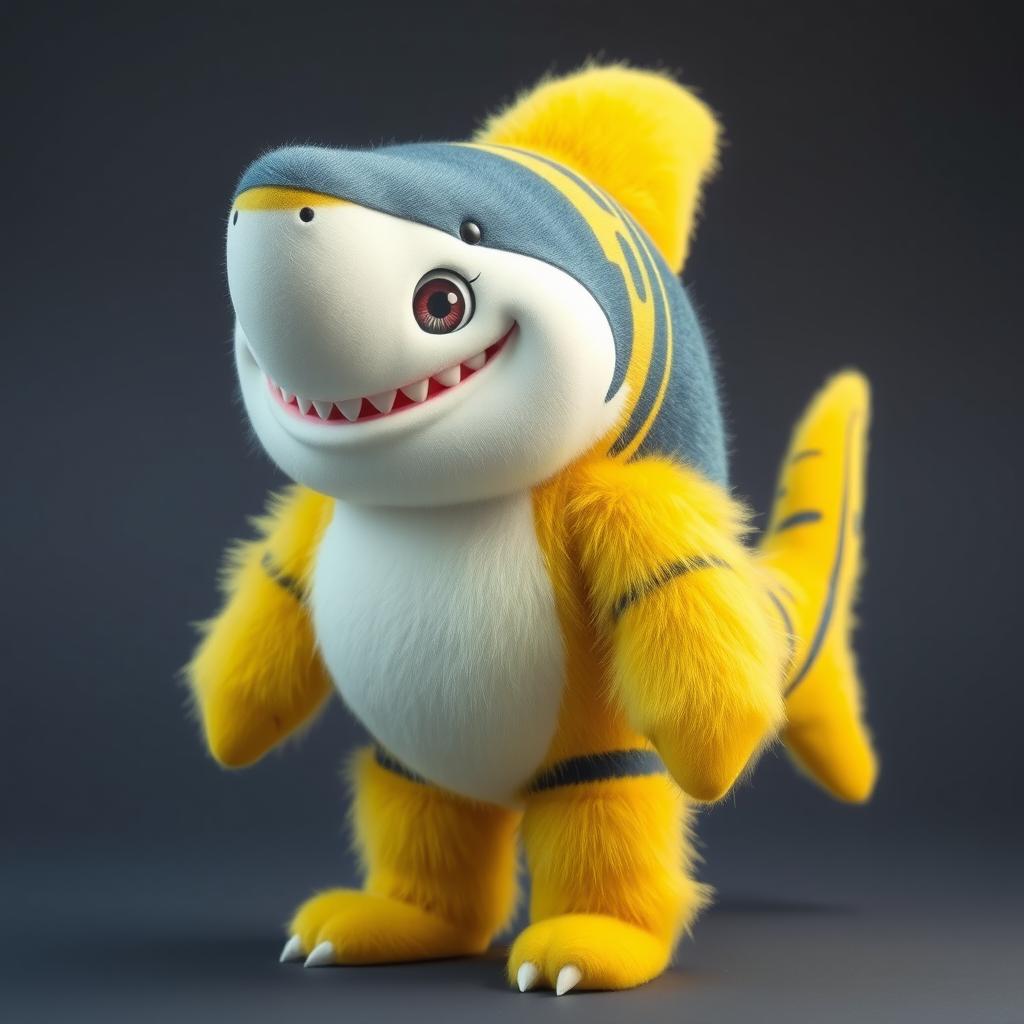 A humanoid shark with furry features, displaying a cheerful demeanor