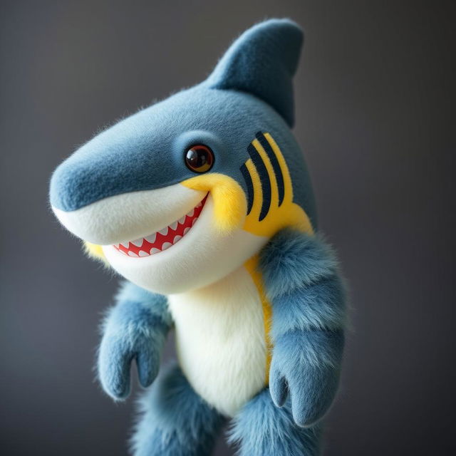 A humanoid shark with furry features, displaying a cheerful demeanor