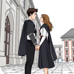 A young man and woman standing sideways facing each other, gazing into each other's eyes, apart but holding hands