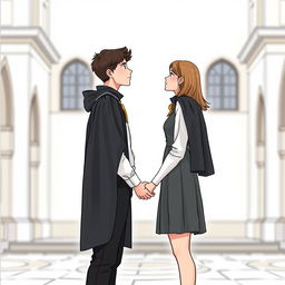 A young man and woman standing sideways facing each other, gazing into each other's eyes, apart but holding hands