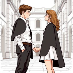 A young man and woman standing sideways facing each other, gazing into each other's eyes, apart but holding hands