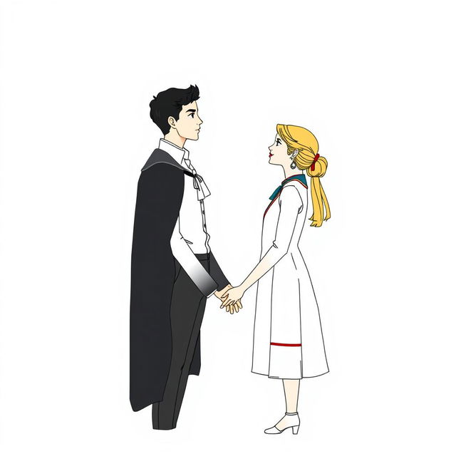 A young man and woman standing sideways, facing each other and gazing into each other's eyes, slightly apart but holding hands