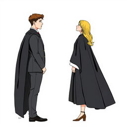 A young man and woman standing sideways, facing each other and gazing into each other's eyes, slightly apart but holding hands