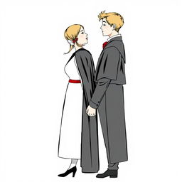 A young man and woman standing sideways, facing each other and gazing into each other's eyes, slightly apart but holding hands