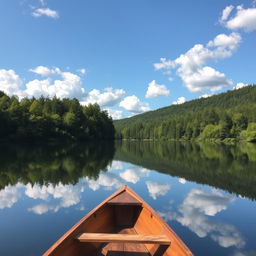 A serene landscape featuring a tranquil lake surrounded by lush forests