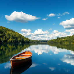 A serene landscape featuring a tranquil lake surrounded by lush forests