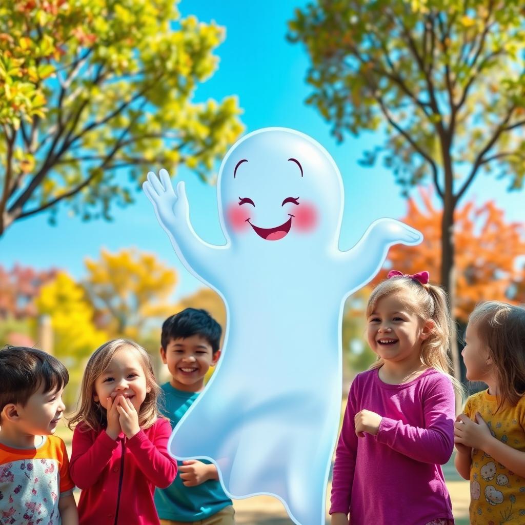 A playful scene with a cute, friendly ghost like Casper playfully pranking a group of children in a cheerful setting