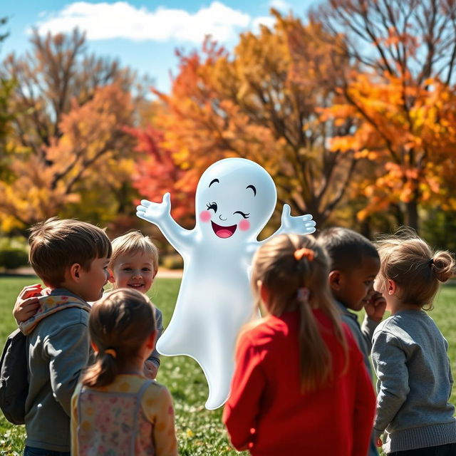 A playful scene with a cute, friendly ghost like Casper playfully pranking a group of children in a cheerful setting