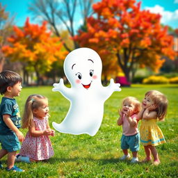 A playful scene with a cute, friendly ghost like Casper playfully pranking a group of children in a cheerful setting