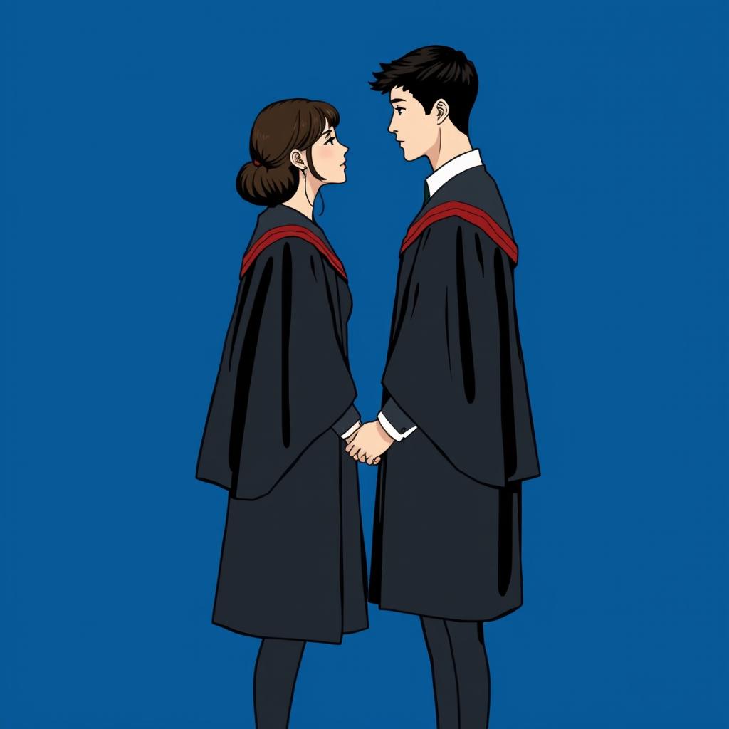 A young man and woman standing sideways facing each other, gazing into each other's eyes, apart but holding hands