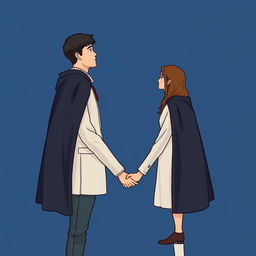 A young man and woman standing sideways facing each other, gazing into each other's eyes, apart but holding hands