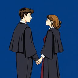 A young man and woman standing sideways facing each other, gazing into each other's eyes, apart but holding hands