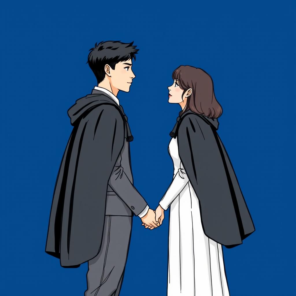 A young man and woman standing sideways facing each other, gazing into each other's eyes, apart but holding hands