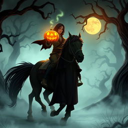 An anime-inspired scene featuring a spooky hollow setting with a headless horseman riding a dark, spectral horse