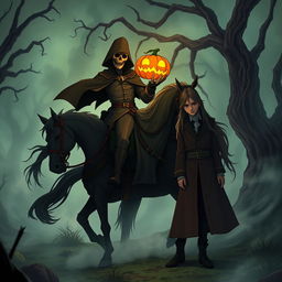 An anime-inspired scene featuring a spooky hollow setting with a headless horseman riding a dark, spectral horse