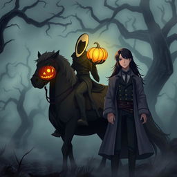 An anime-inspired scene featuring a spooky hollow setting with a headless horseman riding a dark, spectral horse