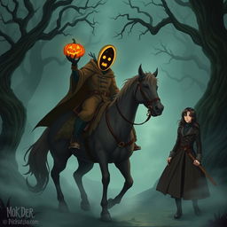 An anime-inspired scene featuring a spooky hollow setting with a headless horseman riding a dark, spectral horse