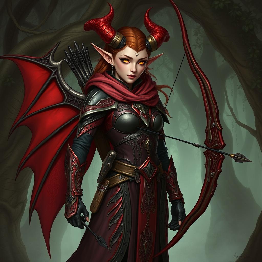 A striking Dungeons & Dragons character, an elf with fey'ri lineage, showcasing elegant elven features combined with demonic traits such as subtle horns and wings