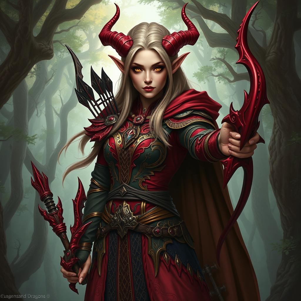 A striking Dungeons & Dragons character, an elf with fey'ri lineage, showcasing elegant elven features combined with demonic traits such as subtle horns and wings